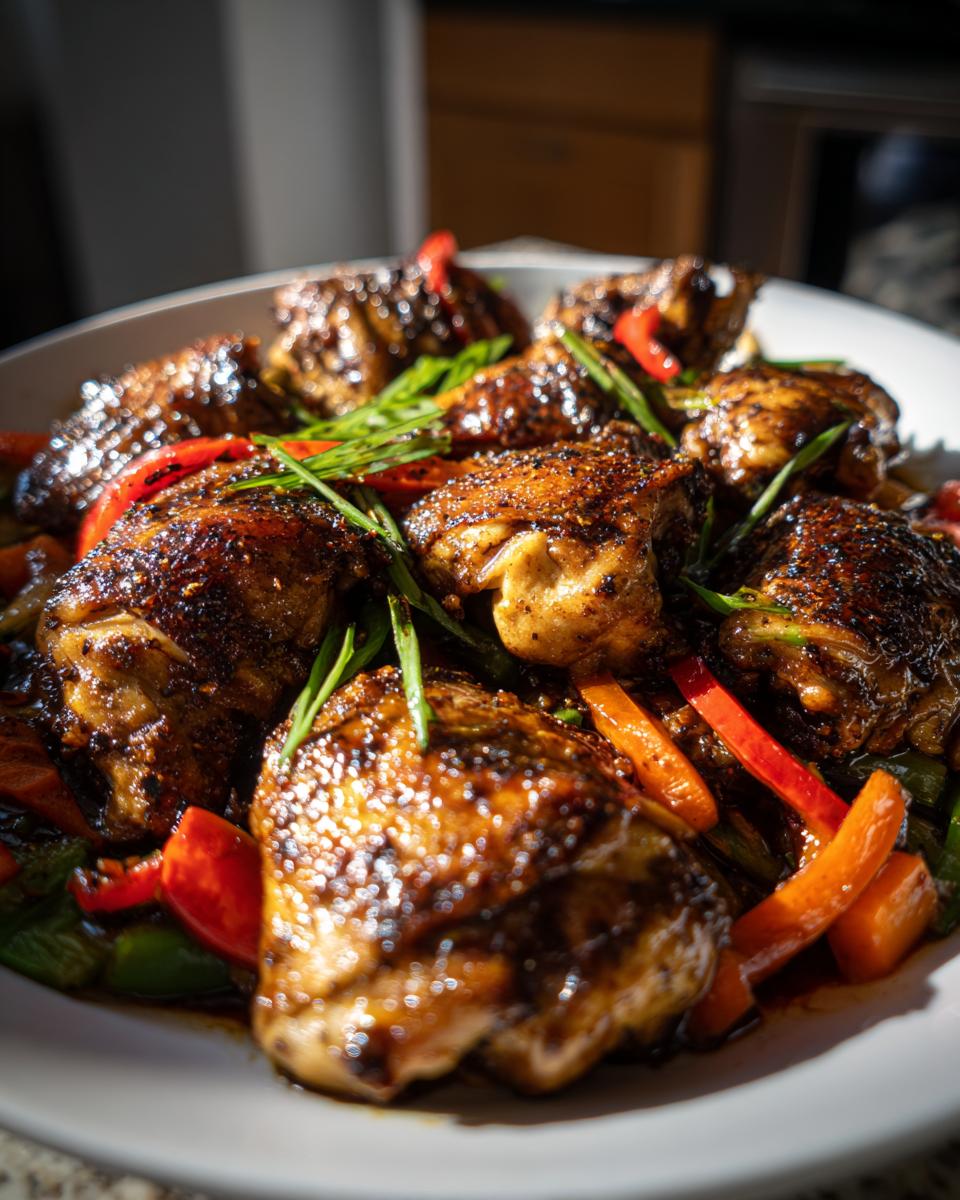 Close-up of shiny, glazed chicken thighs served over saut&eacute;ed peppers and garnished with green onions for Balsamic Glazed Chicken And Veggies.
