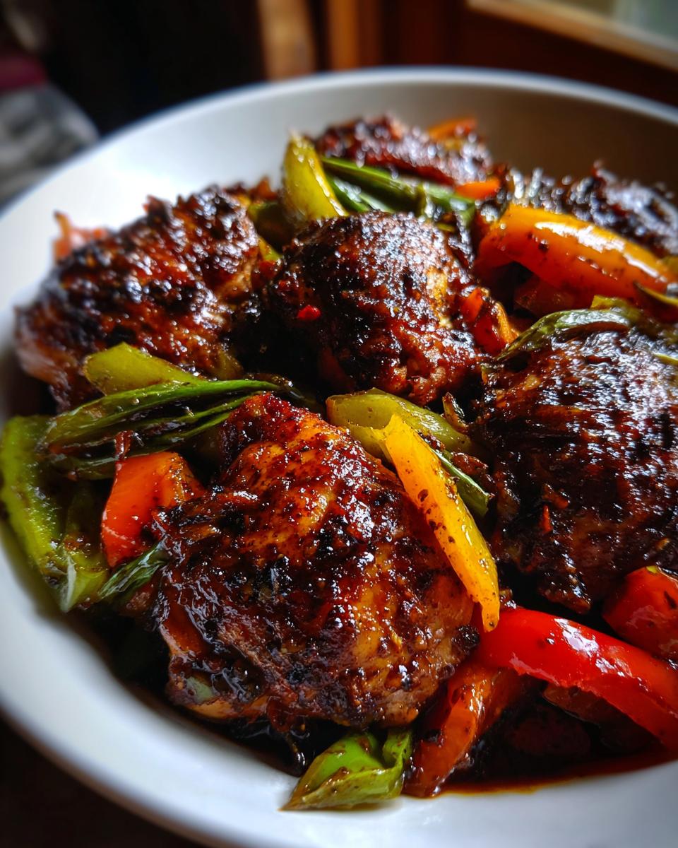 Close-up of Balsamic Glazed Chicken And Veggies, featuring dark, glossy chicken pieces with red and green bell peppers.