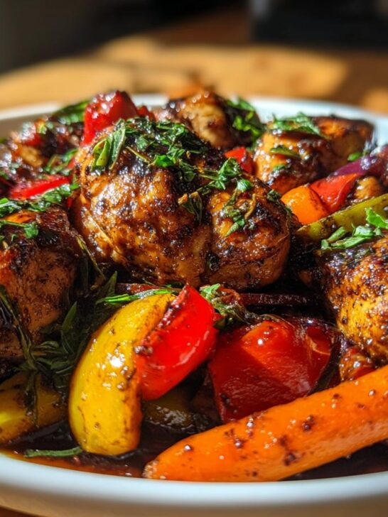 Close-up of juicy Balsamic Glazed Chicken And Veggies, garnished with fresh herbs.