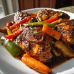 Close-up of juicy Balsamic Glazed Chicken And Veggies served on a white plate.