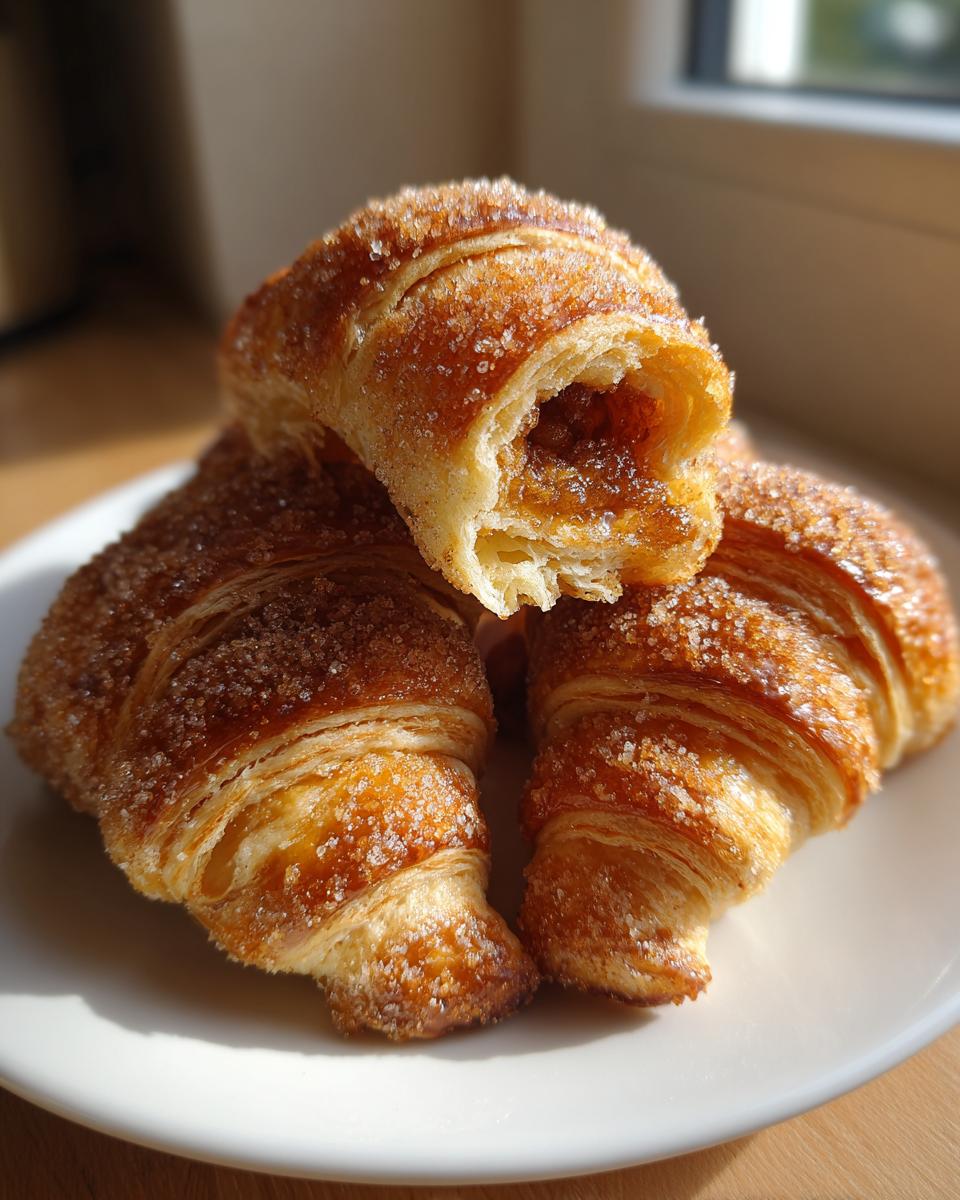 Three golden-brown Banana Jam Crescent Rolls stacked on a white plate, one broken open showing the jam filling.