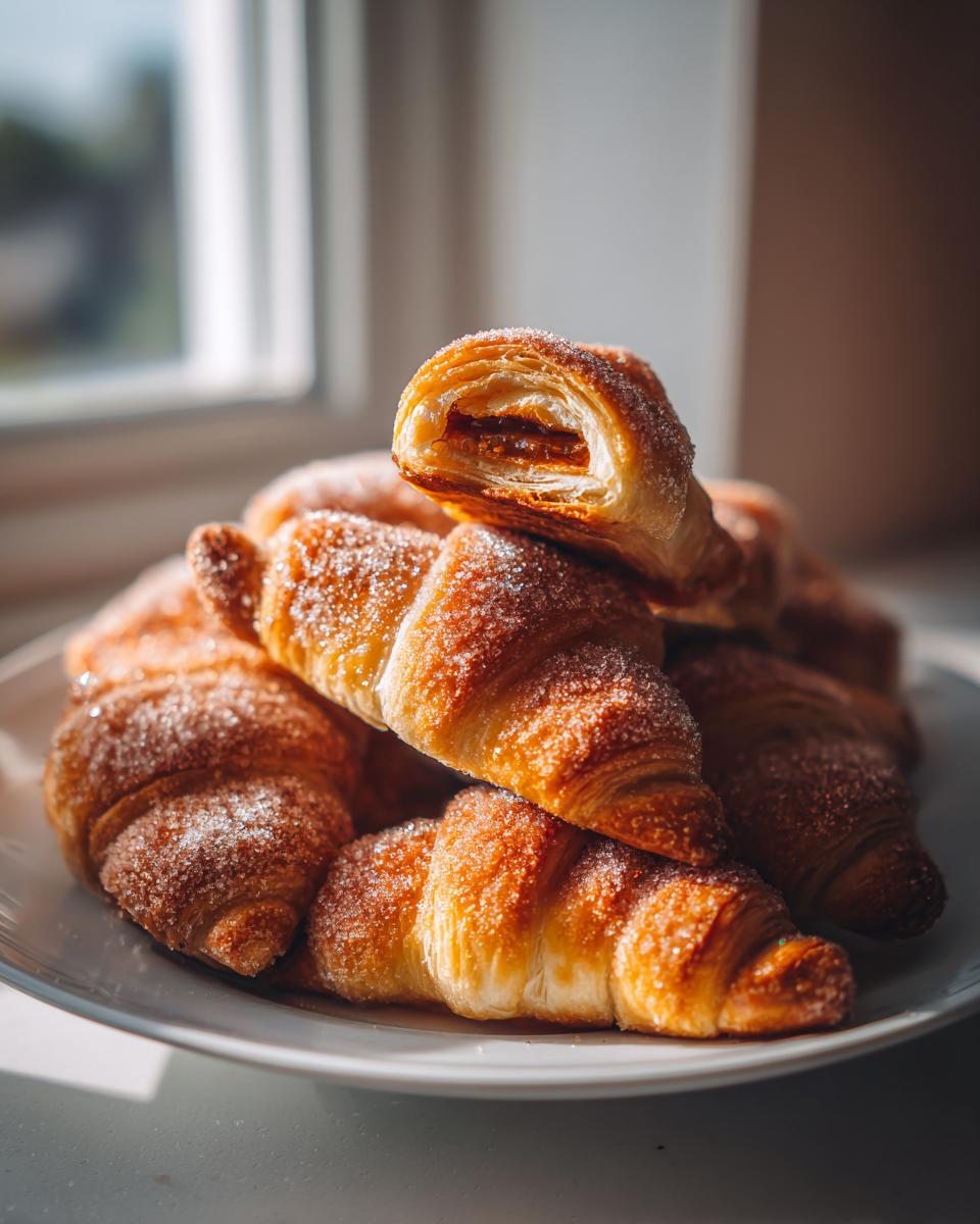 A stack of golden, flaky Banana Jam Crescent Rolls dusted with sugar, one cut open showing the filling.