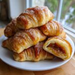 A stack of golden Banana Jam Crescent Rolls Recipe pastries dusted with coarse sugar, one cut open showing the jam filling.