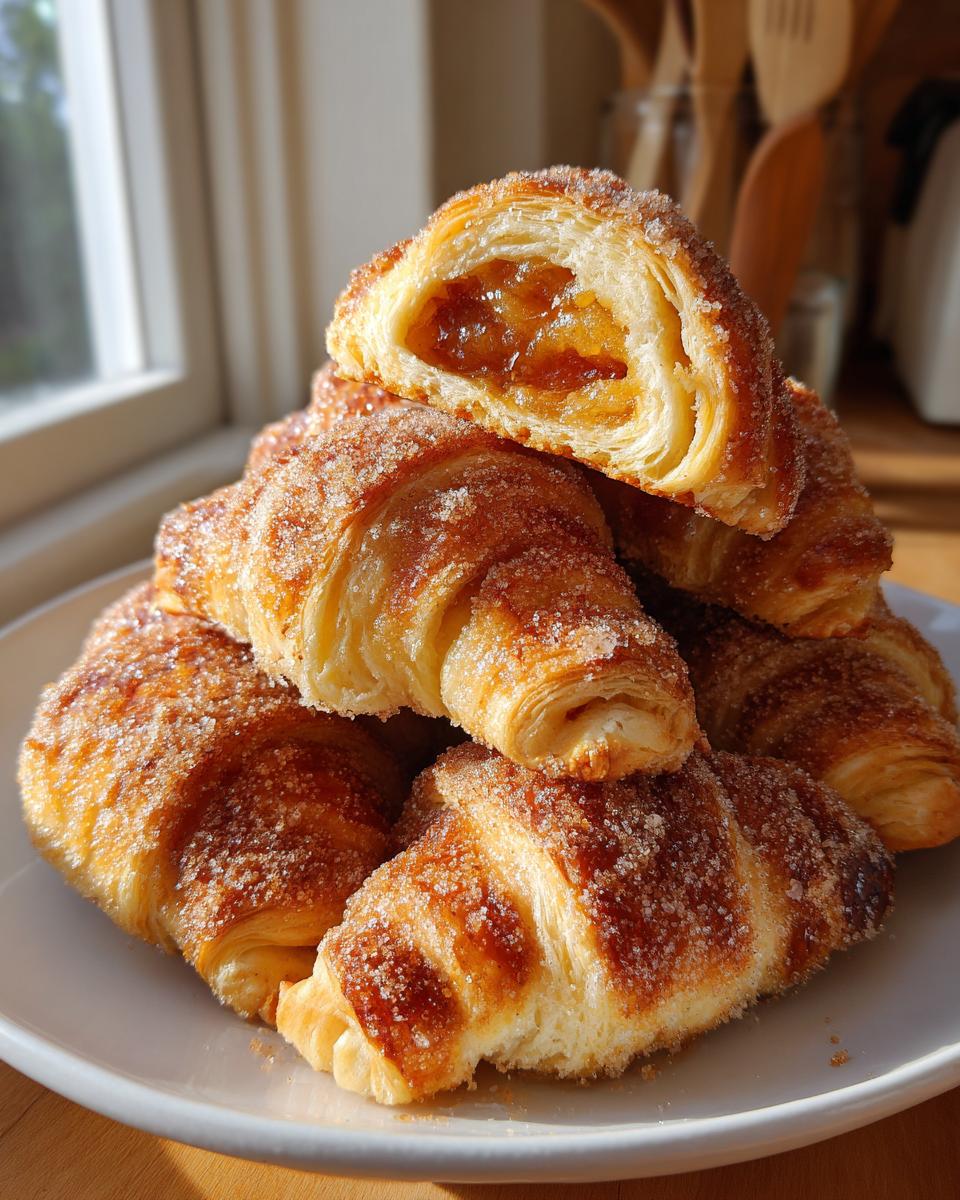 A stack of golden, sugar-coated Banana Jam Crescent Rolls, with one cut open showing the jam filling.