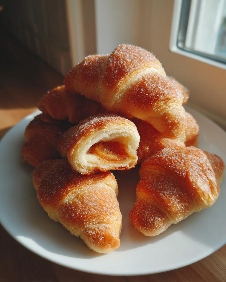 A stack of golden, sugar-coated Banana Jam Crescent Rolls on a white plate, one cut open showing the jam filling.