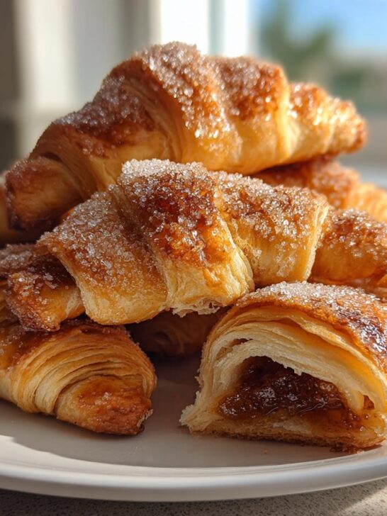 A stack of golden, flaky Banana Jam Crescent Rolls topped with coarse sugar, one cut open showing the jam filling.