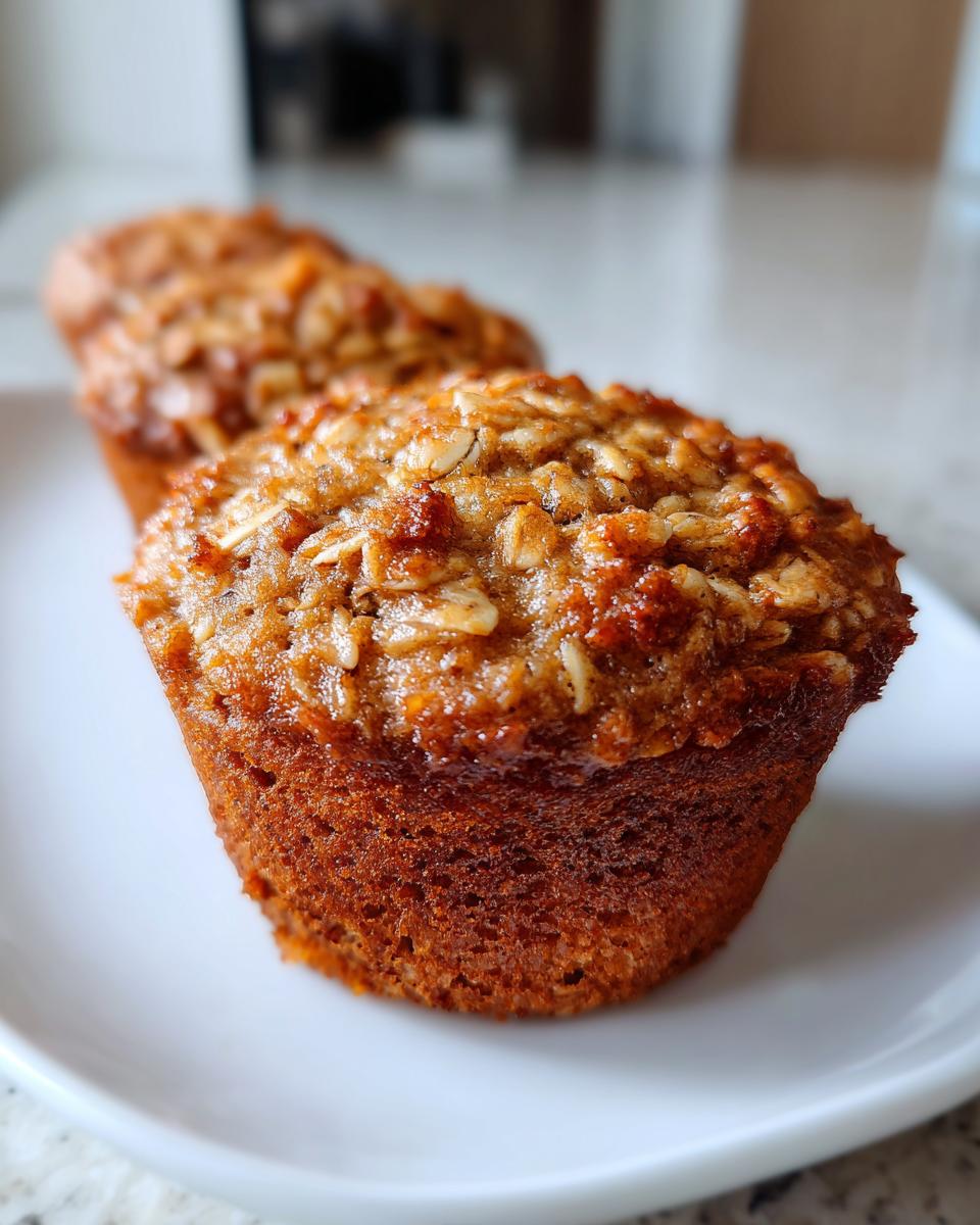 Close-up of two freshly baked Banana Oatmeal Muffins with a golden-brown, crunchy oat topping on a white plate.