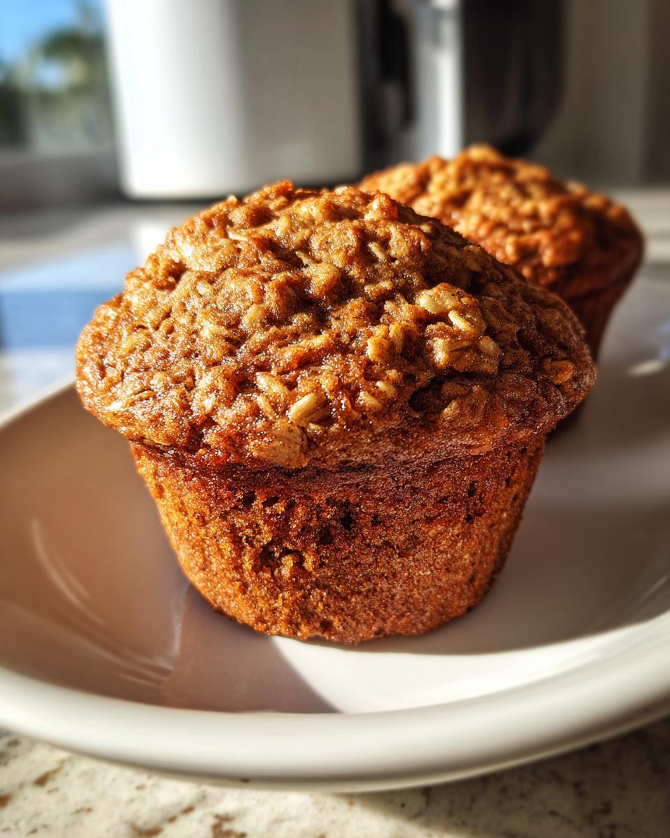 Two freshly baked Banana Oatmeal Muffins with a golden brown, textured oat topping, sitting on a white plate.