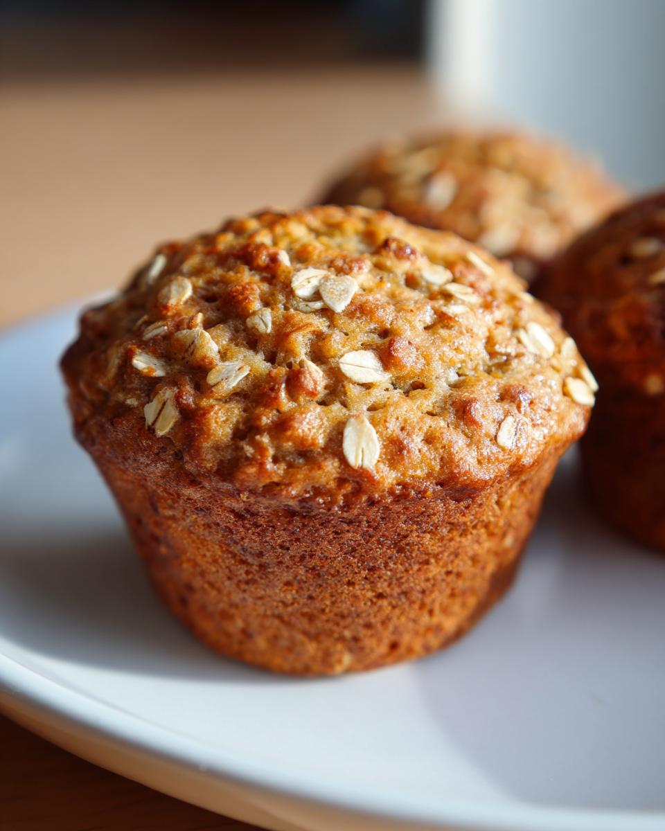 Close-up of a perfectly baked Banana Oatmeal Muffin topped with whole rolled oats.