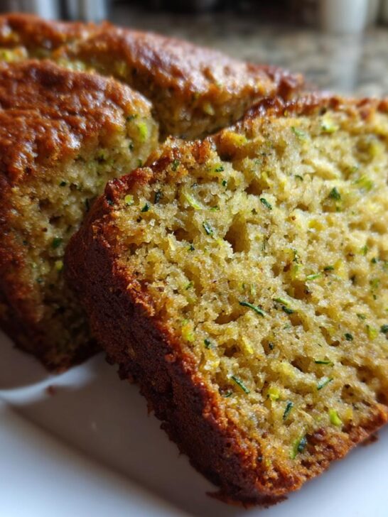 Close-up of a slice of moist Banana Zucchini Bread showing green flecks of zucchini in the crumb.