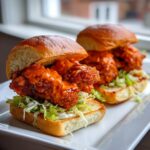 Two appetizing Bang Bang Chicken Sliders featuring crispy chicken coated in orange sauce over shredded lettuce on toasted buns.