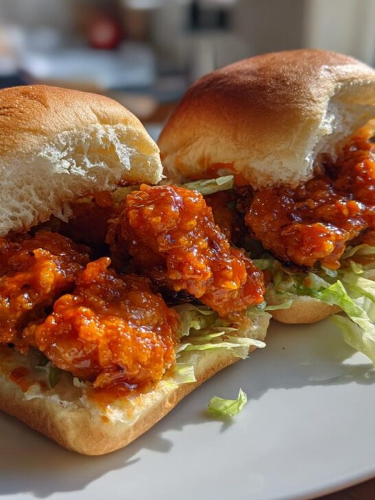 Two delicious Bang Bang Chicken Sliders featuring crispy chicken coated in orange sauce on lettuce, served on soft buns.