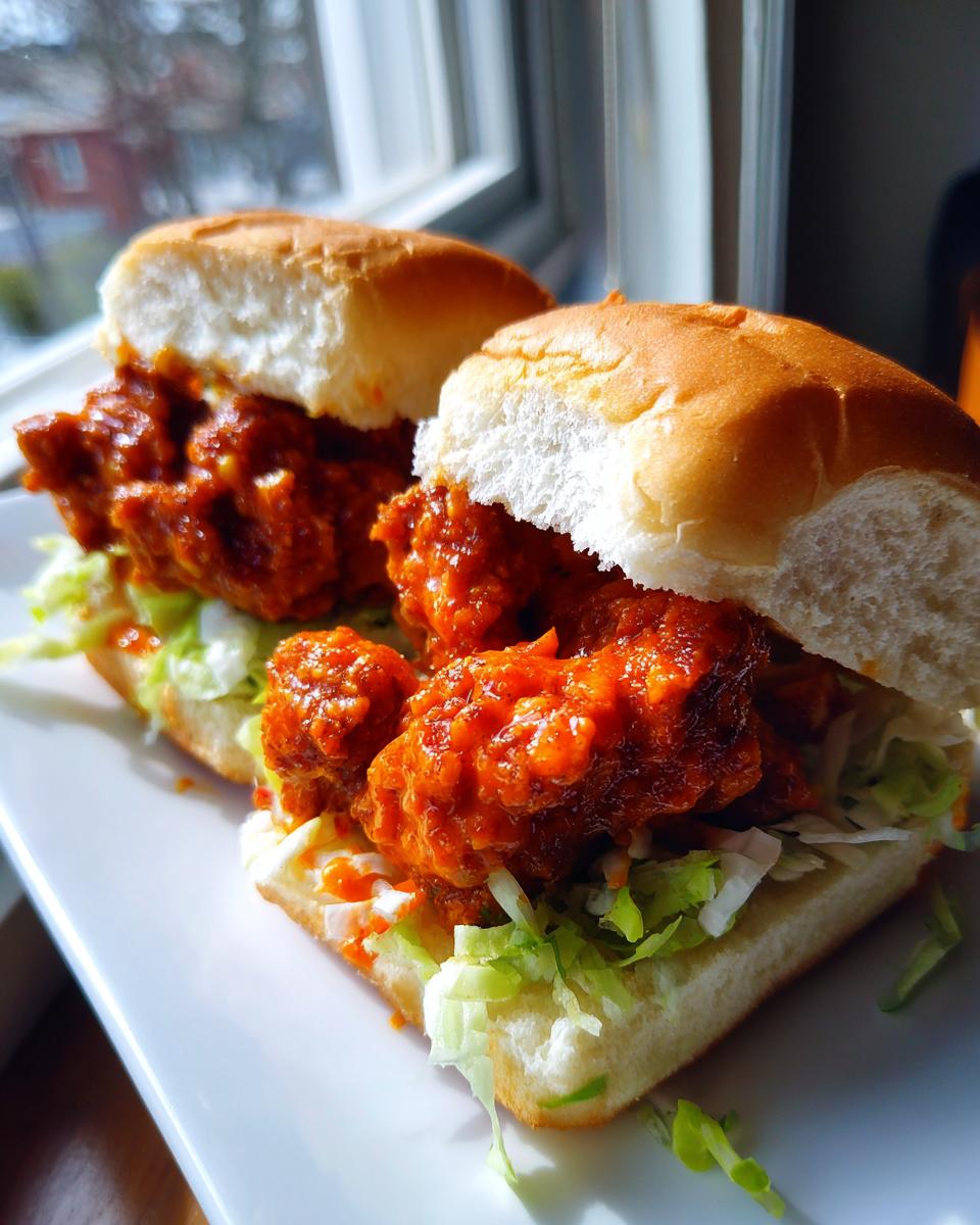 Two delicious Bang Bang Chicken Sliders featuring crispy chicken coated in orange sauce over shredded lettuce on small buns.