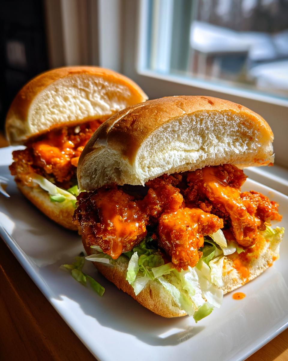 Two appetizing Bang Bang Chicken Sliders filled with crispy chicken pieces coated in orange sauce and lettuce.