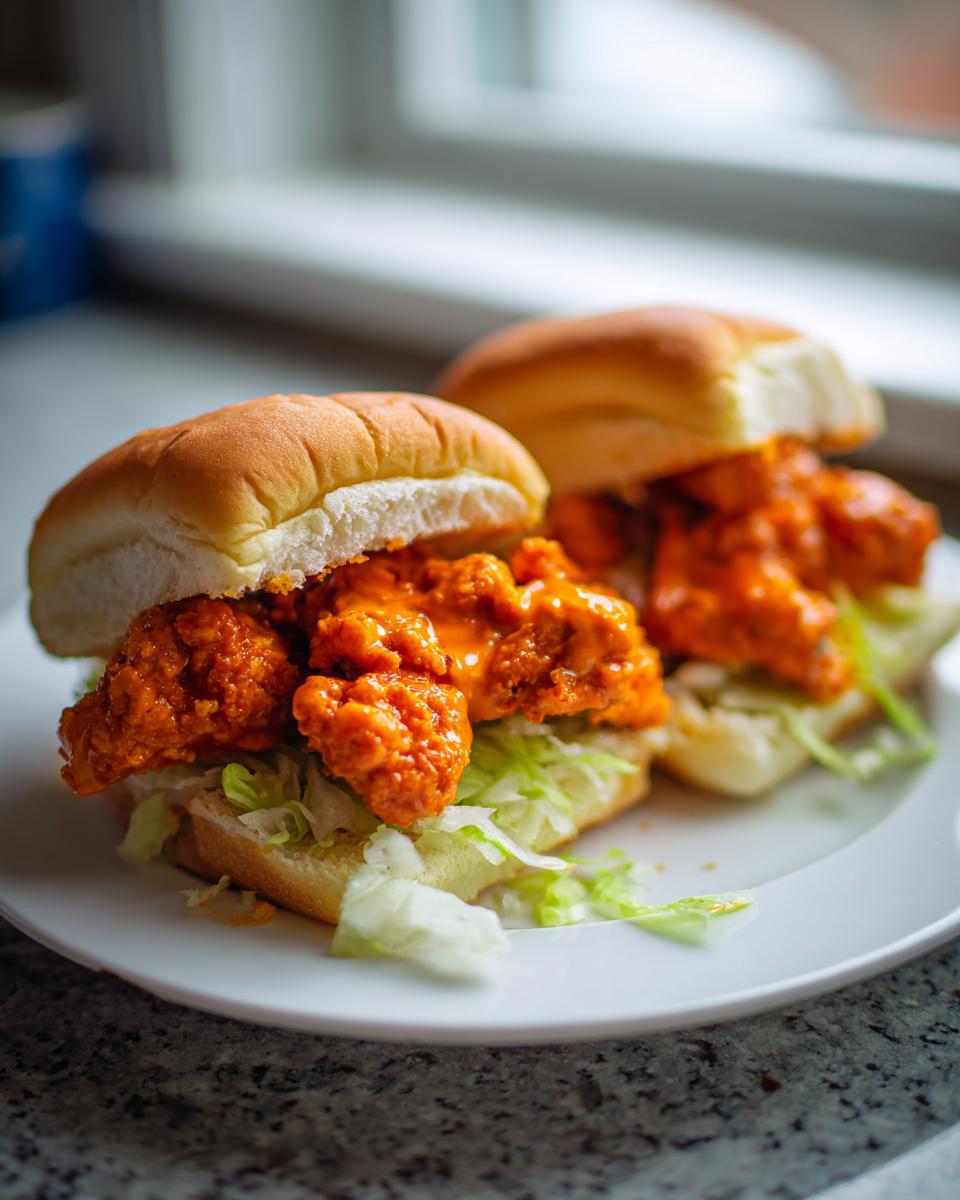 Two delicious Bang Bang Chicken Sliders featuring crispy chicken tossed in orange sauce over lettuce on small buns.