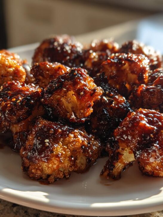 A plate piled high with sticky, glazed BBQ Cauliflower Wings sprinkled with sesame seeds.
