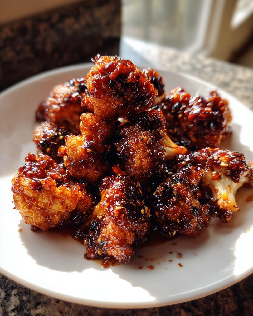 A pile of crispy, glazed BBQ Cauliflower Wings coated in a dark, sticky sauce and sprinkled with sesame seeds on a white plate.