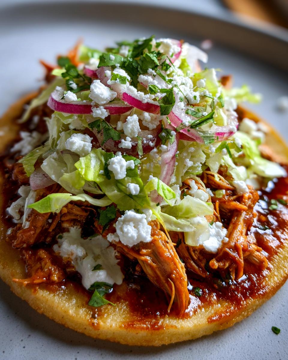 A close-up view of a single, fully loaded Bbq Chicken Tostadas topped with shredded lettuce, cotija cheese, and red onion.