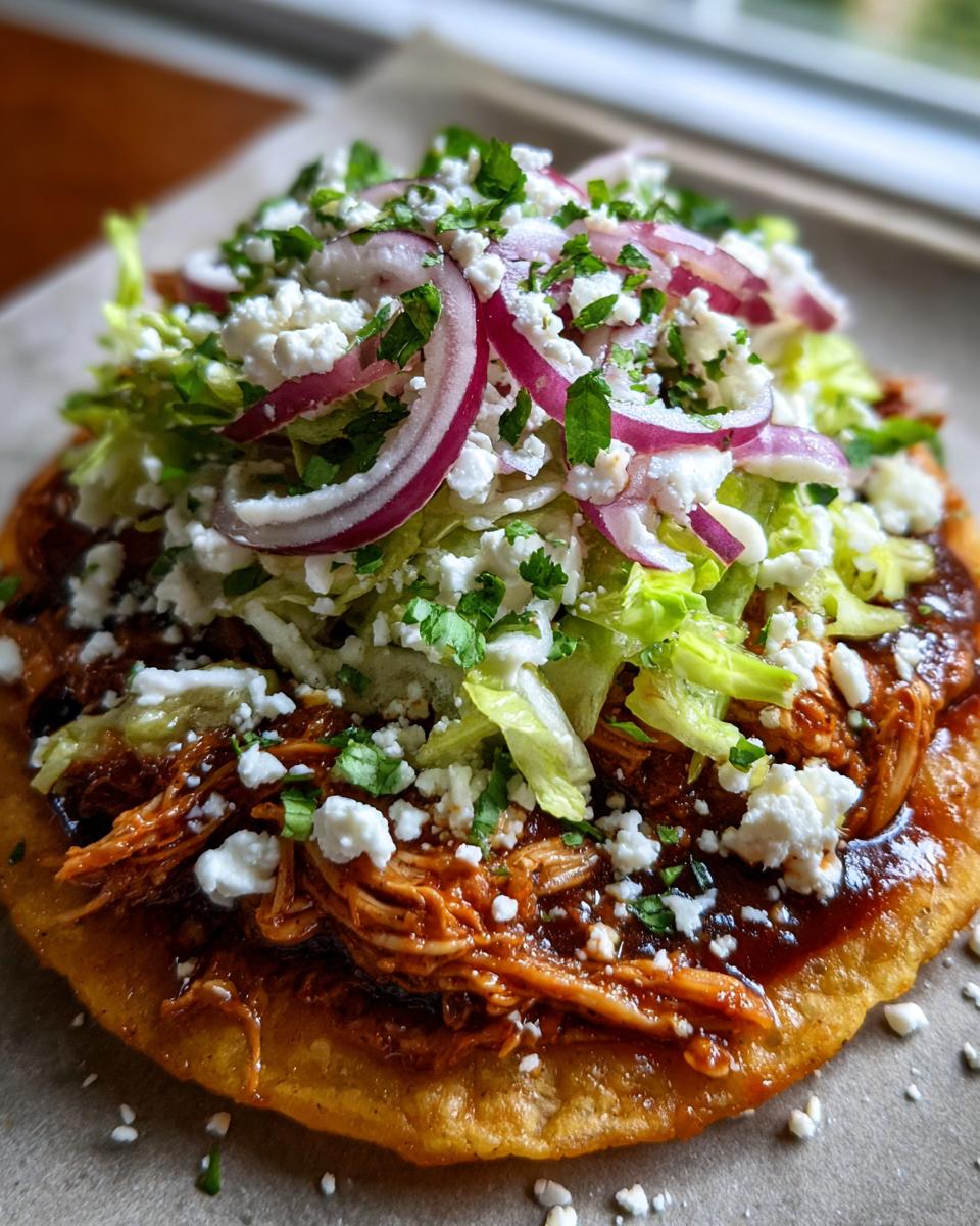 Close-up of a single Bbq Chicken Tostadas topped with shredded chicken, lettuce, red onion, and cotija cheese.
