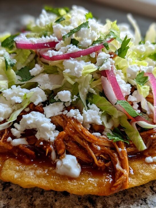A single, delicious Bbq Chicken Tostadas topped with shredded lettuce, cotija cheese, and red onion slices.