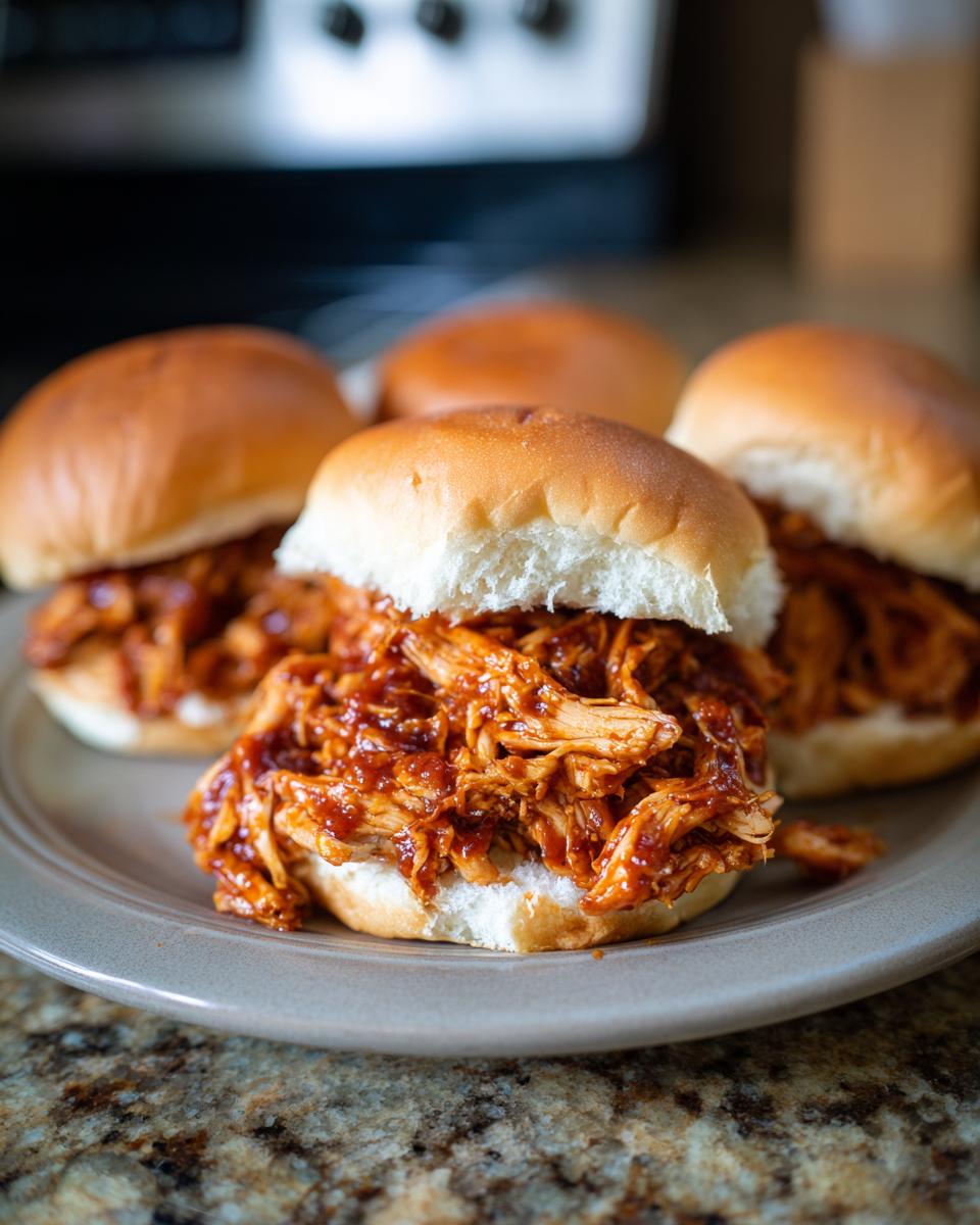 Four Bbq Pulled Chicken Sliders piled high with saucy shredded chicken on soft buns, served on a plate.