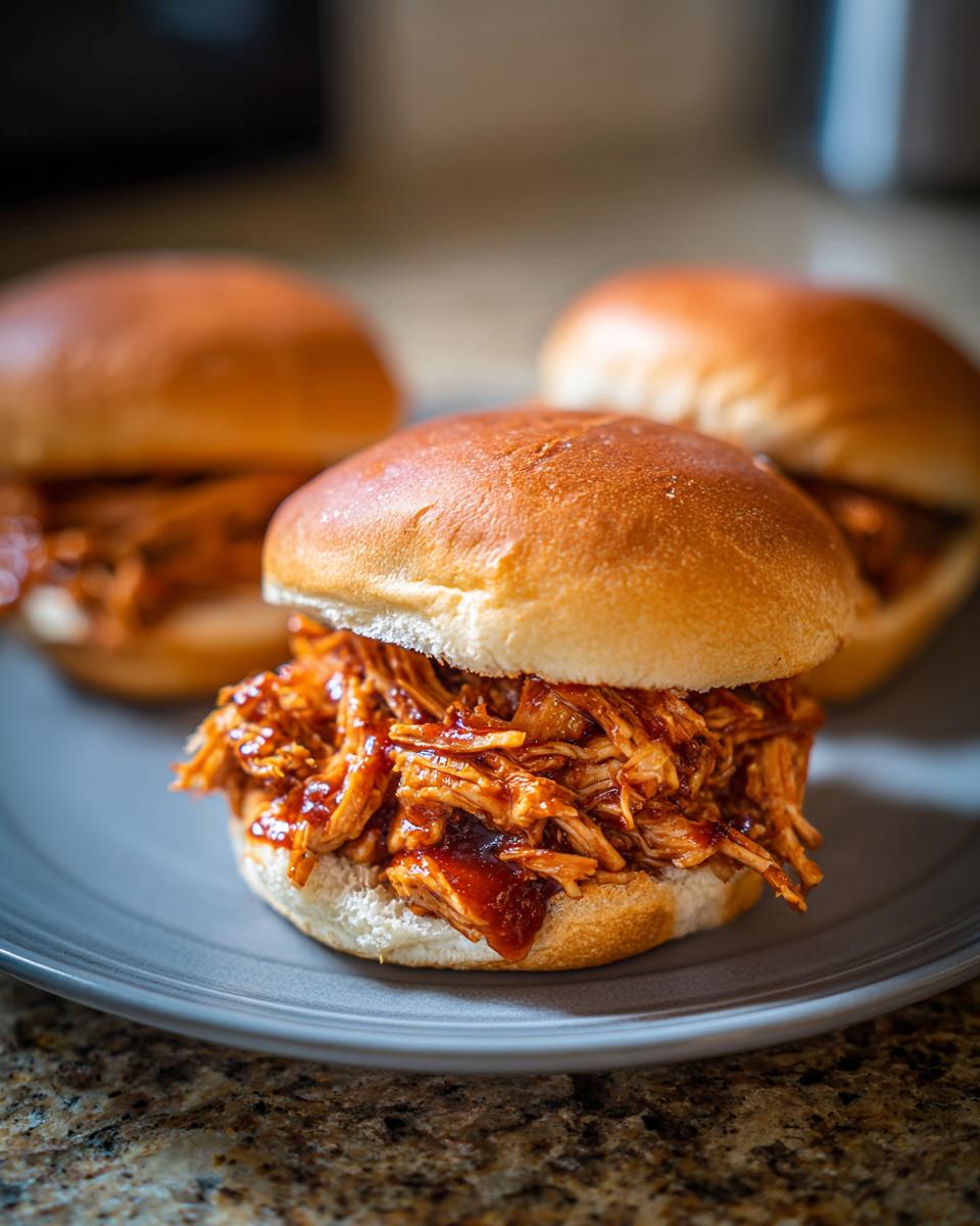 A close-up of one perfect Bbq Pulled Chicken Sliders sandwich filled with saucy shredded chicken on a small bun, with two others blurred in the background.