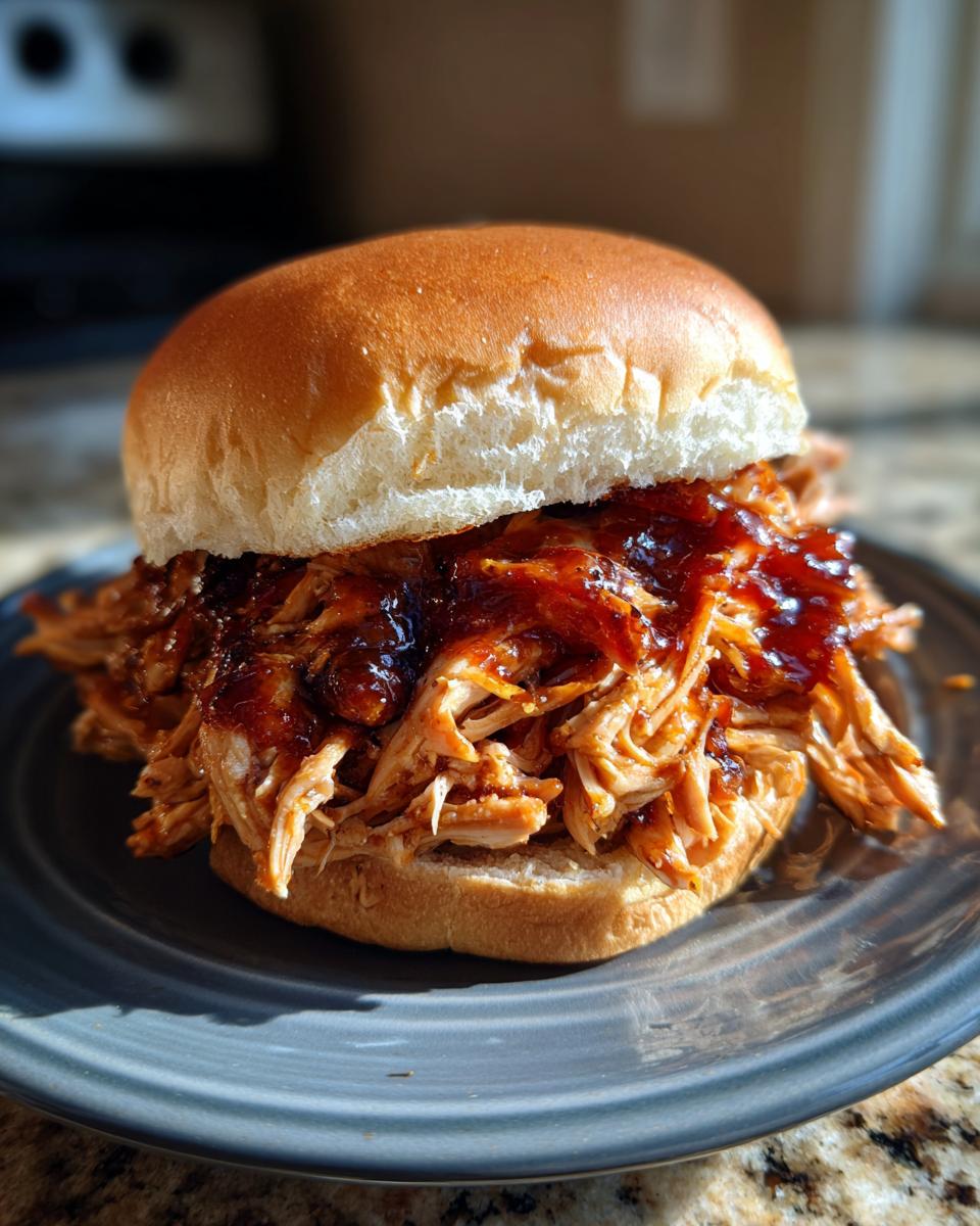 A close-up of a single Bbq Pulled Chicken Slider piled high with saucy shredded chicken on a soft bun, resting on a dark plate.