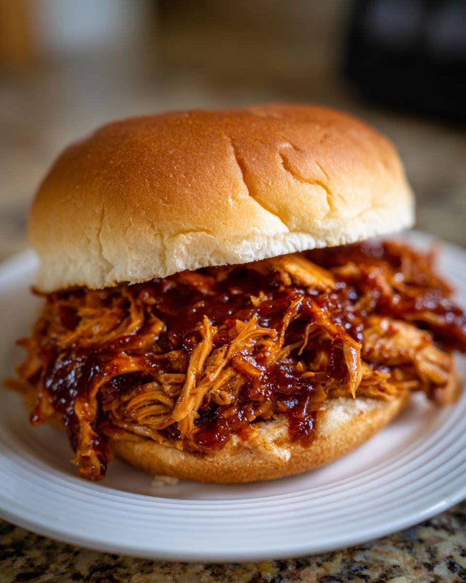 A close-up of a single Bbq Pulled Chicken Sliders sandwich served on a white plate, featuring shredded chicken coated in dark BBQ sauce.