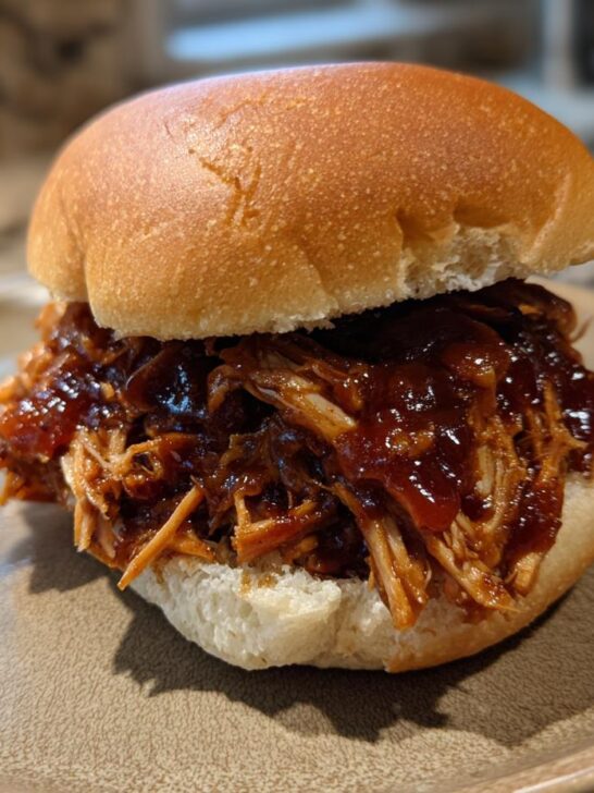 A single, delicious Bbq Pulled Chicken Sliders sandwich piled high with saucy shredded chicken on a soft bun.