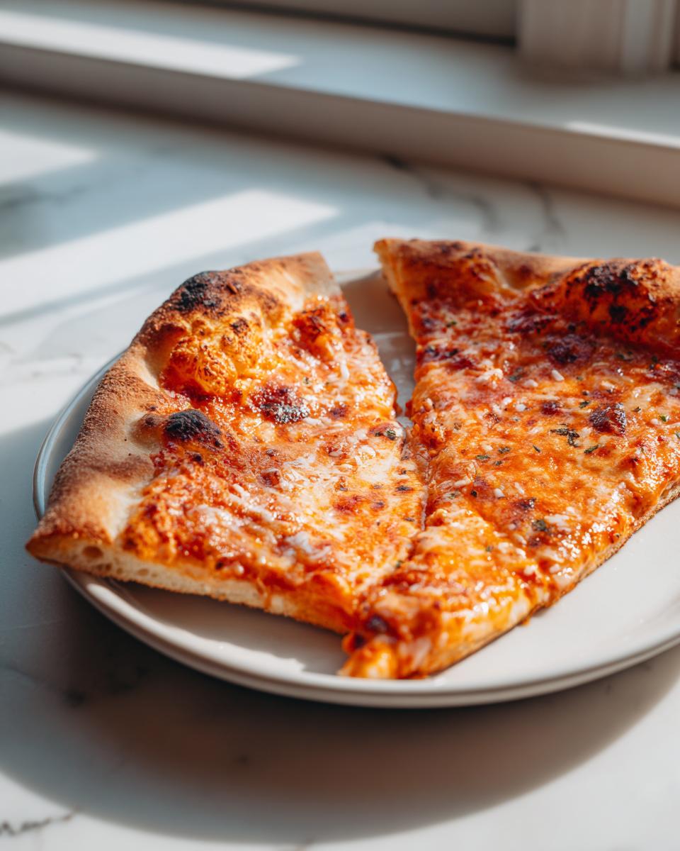 Two slices of Best Homemade Vodka Pizza showing the thick, airy crust and creamy orange sauce, served on a white plate.