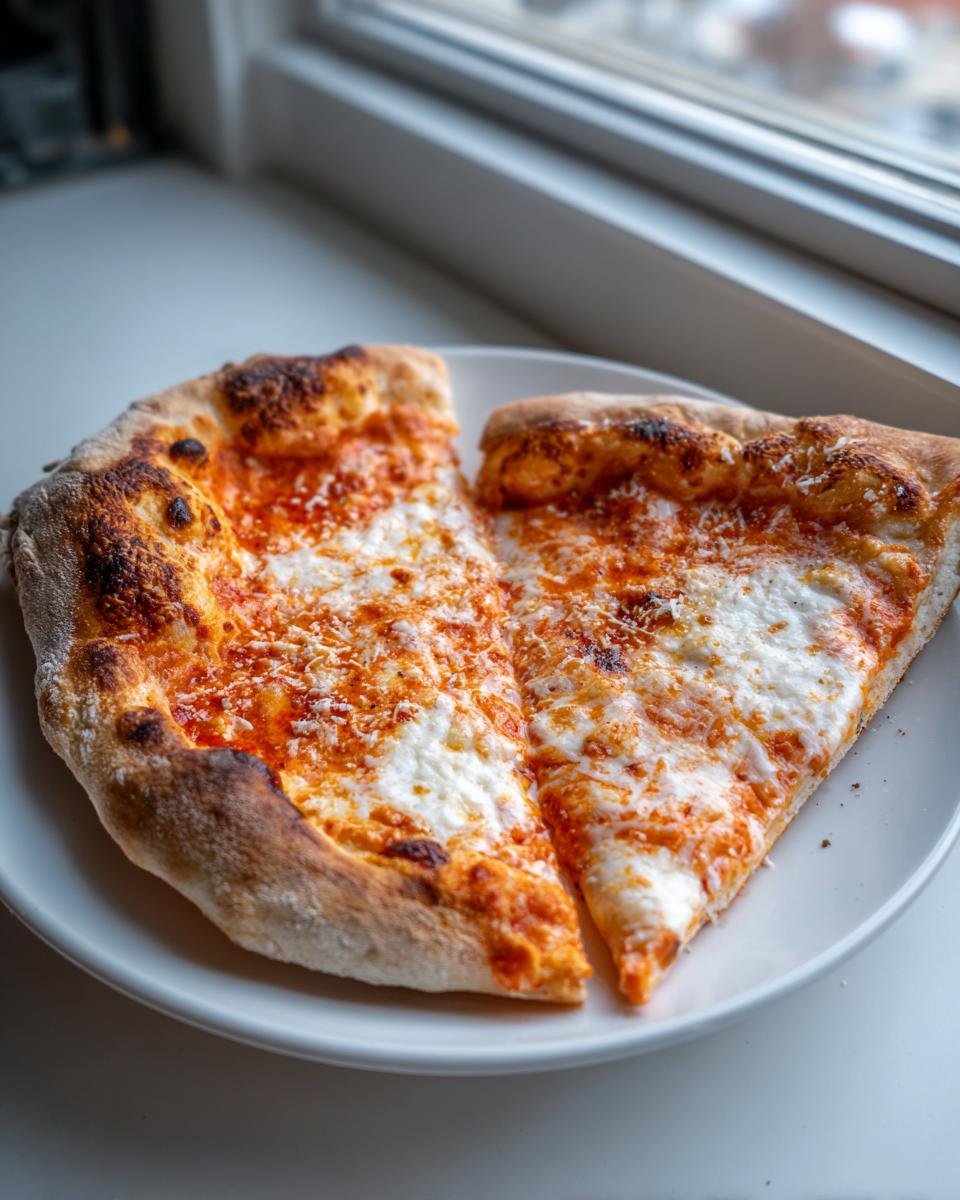 Two slices of Best Homemade Vodka Pizza with melted cheese and charred crust on a white plate.