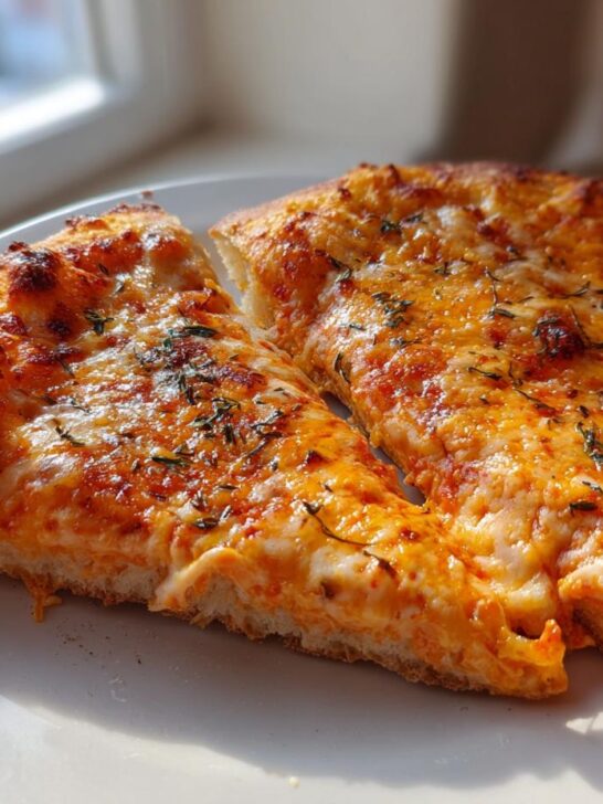 Two tempting slices of Best Homemade Vodka Pizza with melted cheese and herbs on a white plate.