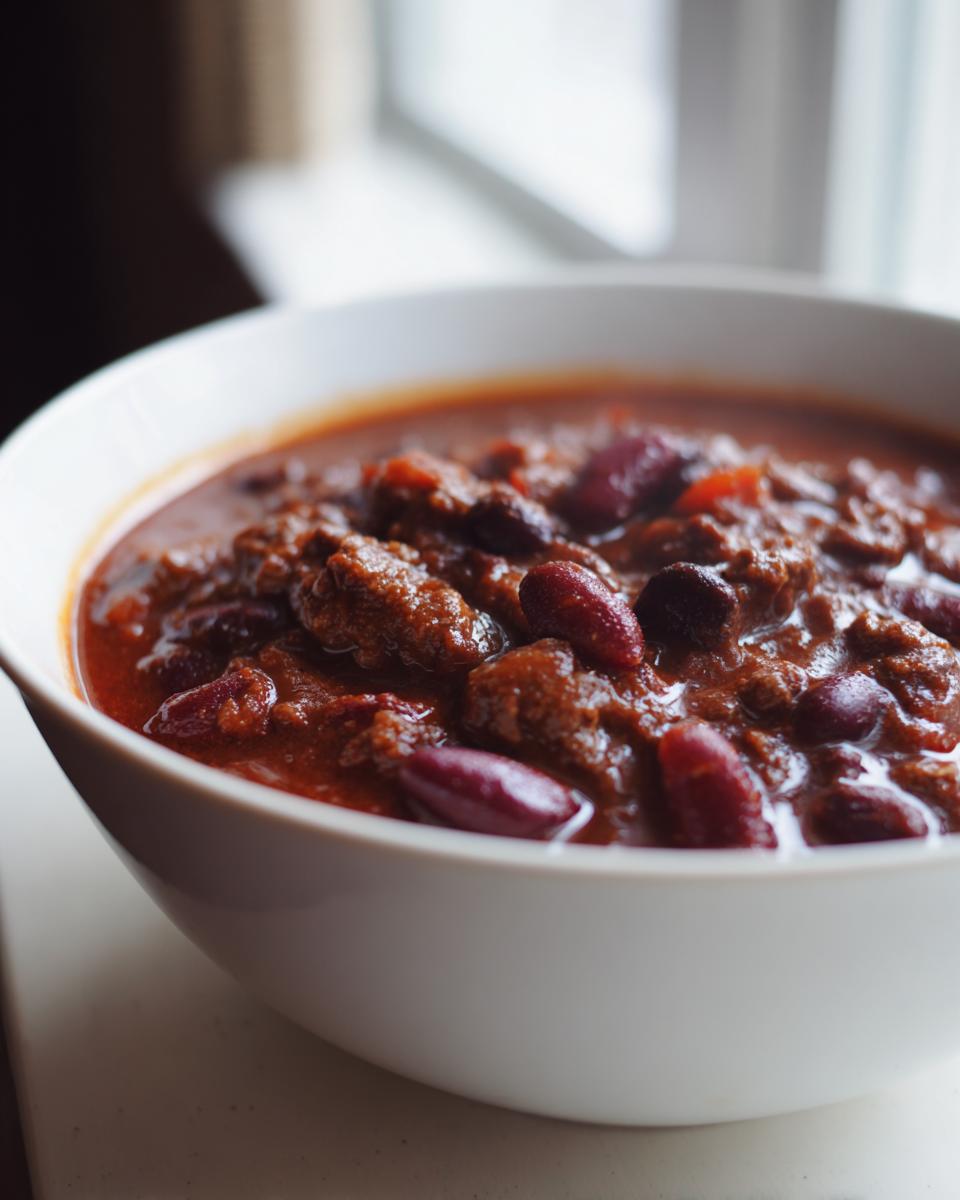 Close-up of a white bowl filled with rich, thick Best Mamas Beer Chili Slow Cooker Recipe, featuring ground meat and kidney beans.