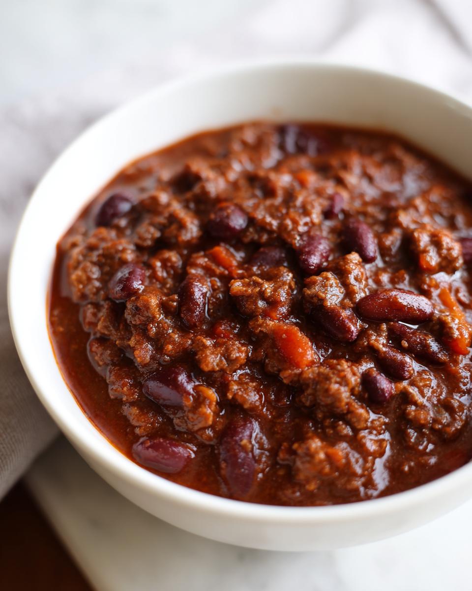 Close-up of a white bowl filled with rich, thick Best Mamas Beer Chili Slow Cooker Recipe, featuring ground meat and kidney beans.