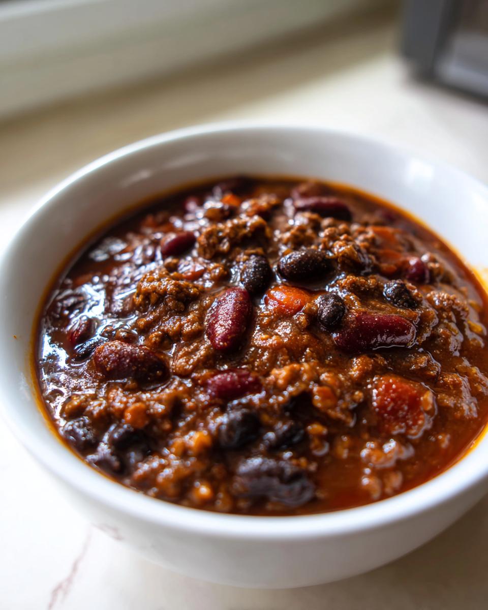 Close-up of a hearty bowl of Best Mamas Beer Chili Slow Cooker Recipe, showing rich sauce, ground meat, and kidney beans.