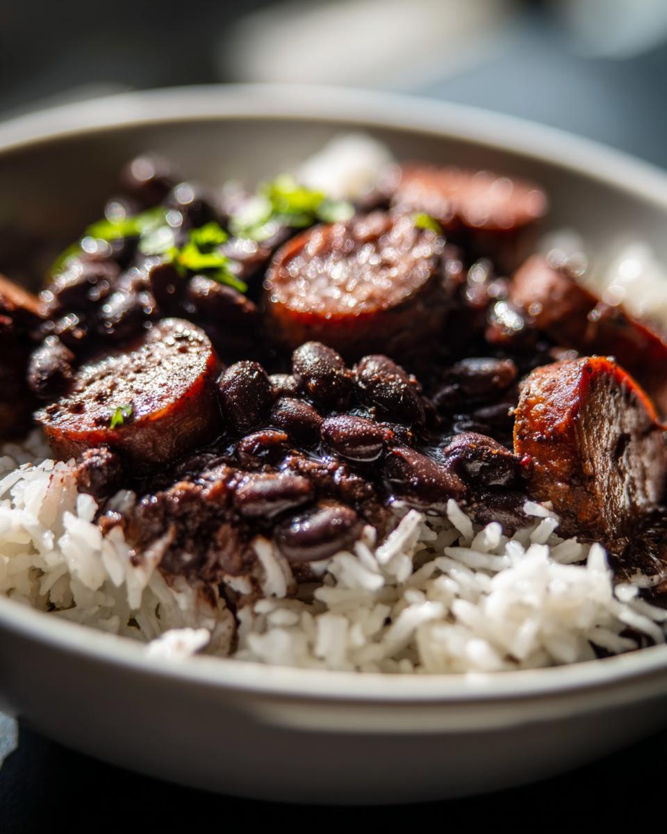 Close-up of a bowl of Black Beans And Rice With Sausage, featuring dark beans, sliced sausage, and white rice.