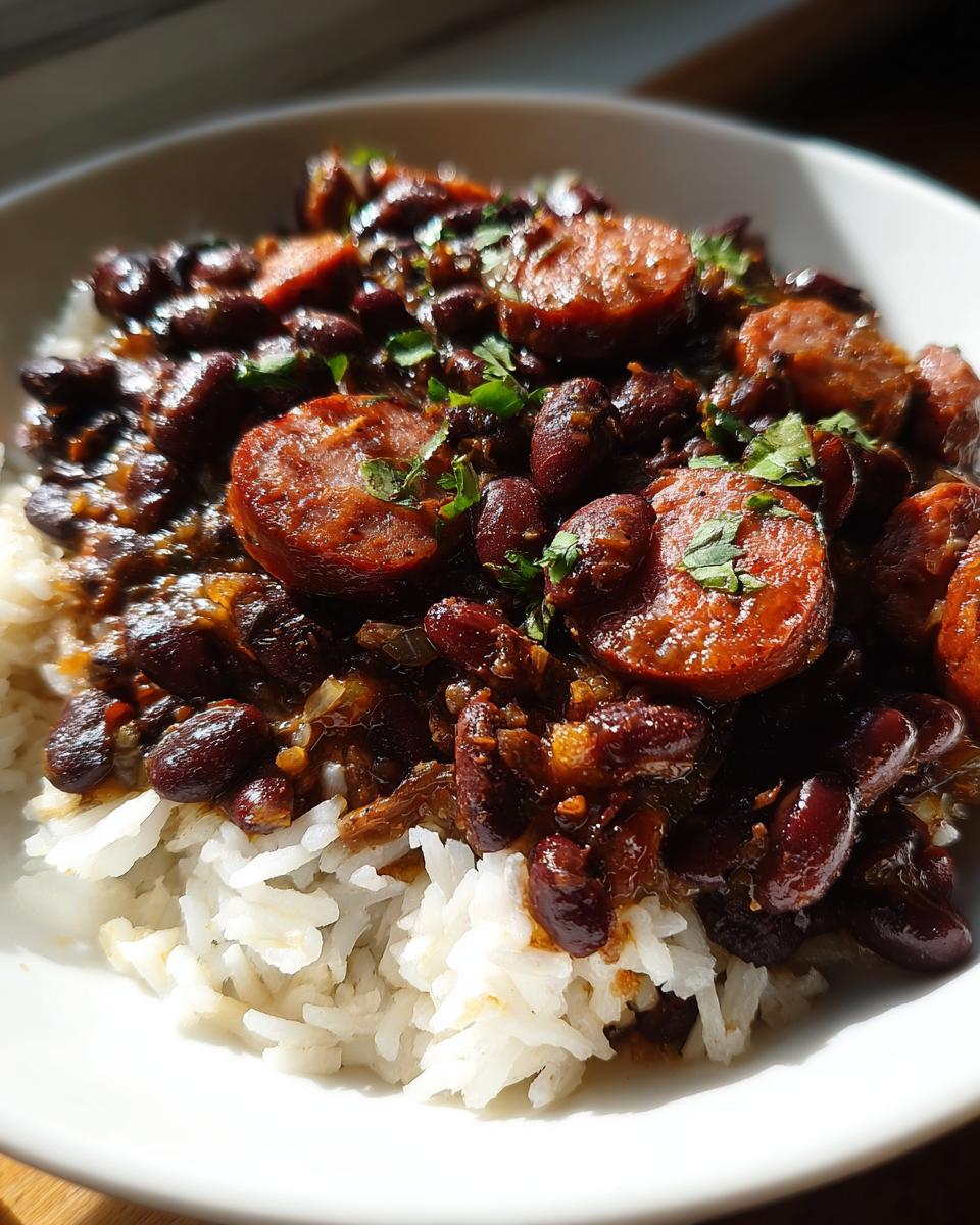 A hearty bowl of Black Beans And Rice With Sausage, featuring dark red beans and sliced smoked sausage over white rice.