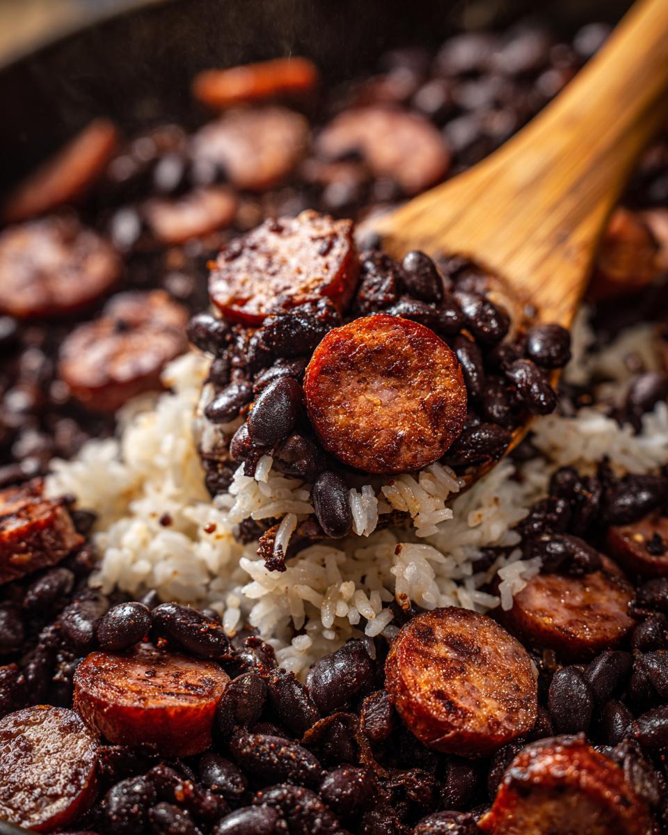Close-up of a wooden spoon lifting Black Beans And Rice With Sausage, featuring dark beans and sliced, browned sausage.