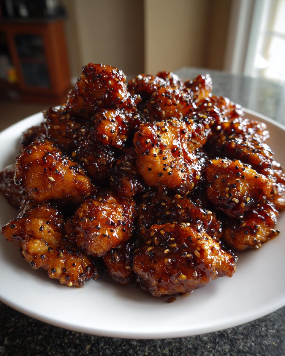 A mound of sticky, glazed Black Pepper Chicken pieces generously coated in dark sauce and black sesame seeds.