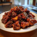 A mound of crispy, glazed Black Pepper Chicken pieces sprinkled with sesame seeds on a white plate.