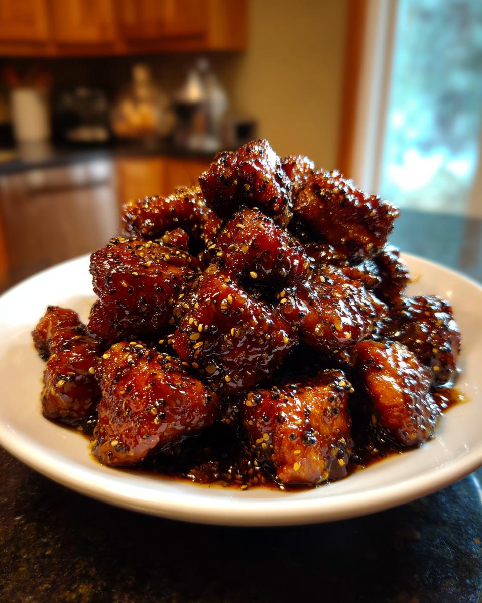 A mound of glossy, dark glazed Black Pepper Chicken pieces sprinkled with sesame seeds on a white plate.
