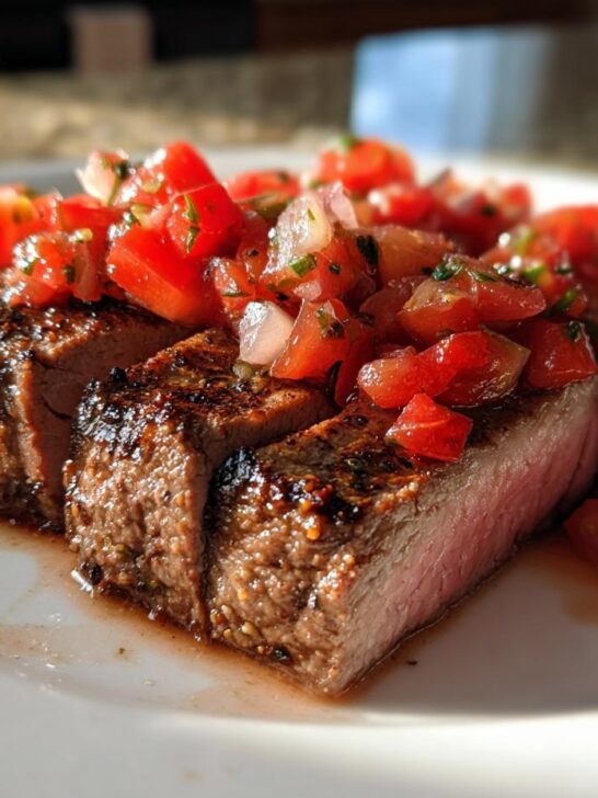 Perfectly cooked and sliced Brazilian BBQ Steak topped generously with bright red Vinagrete Sauce.