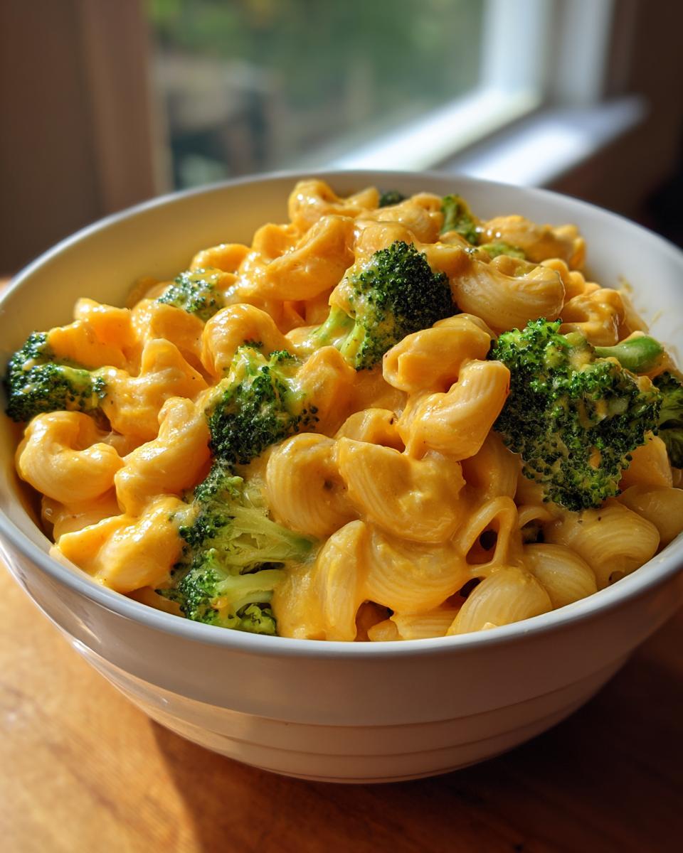 Close-up of a white bowl filled with creamy, cheesy Broccoli Mac And Cheese and bright green florets.