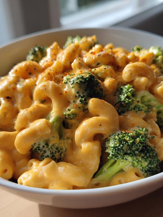Close-up of a white bowl filled with creamy, cheesy Broccoli Mac And Cheese, topped with seasoning.