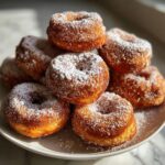A stack of freshly made Brown Butter Apple Cider Donuts generously dusted with powdered sugar on a white plate.