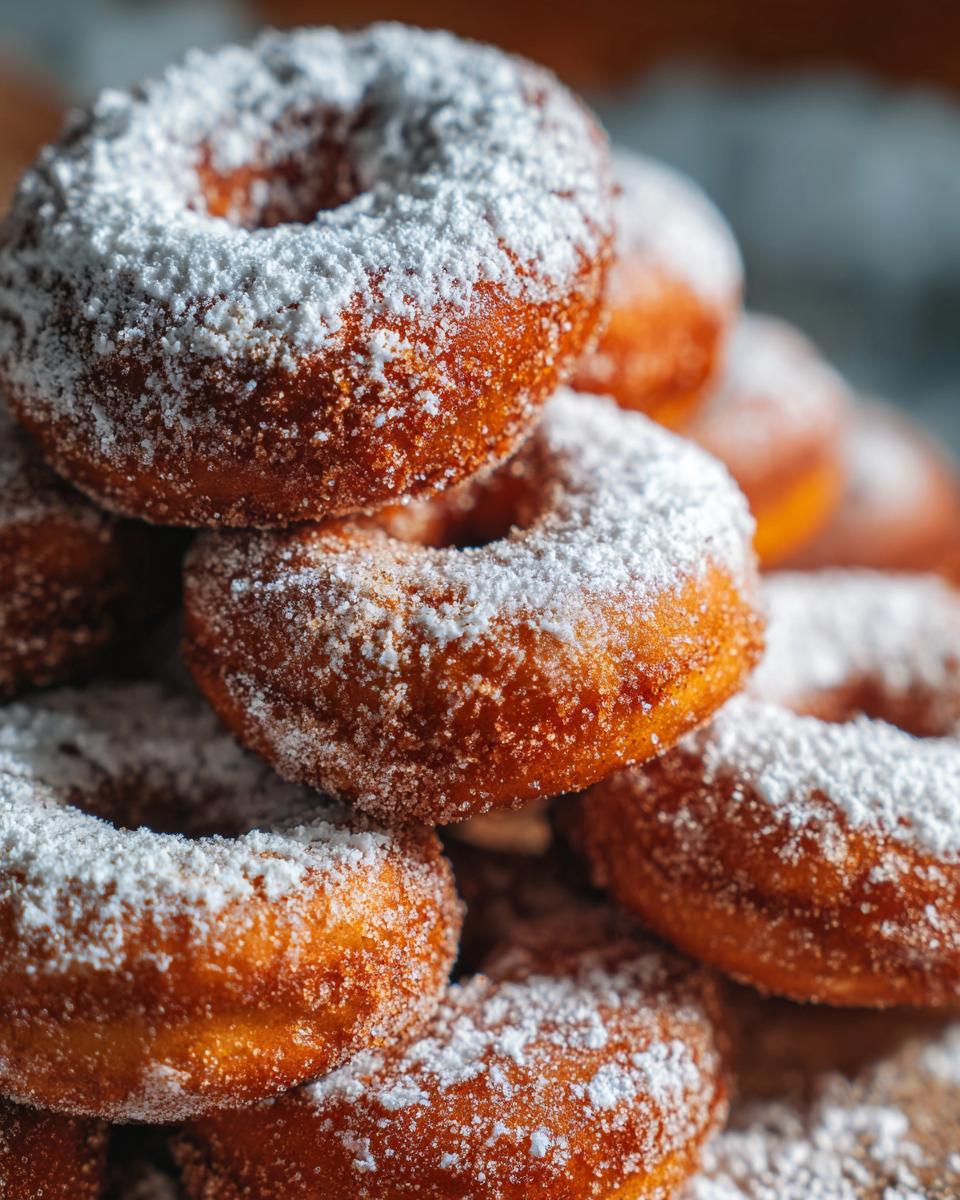 Close-up of a stack of golden Brown Butter Apple Cider Donuts heavily dusted with white powdered sugar.