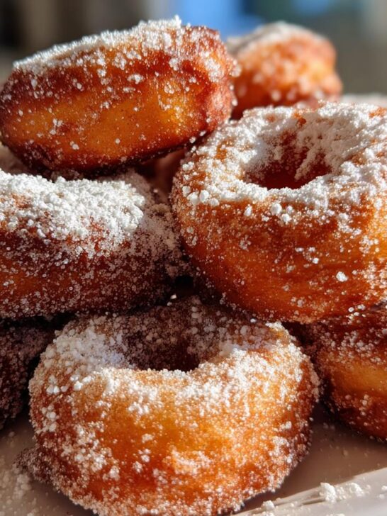 Close-up of a stack of freshly fried Brown Butter Apple Cider Donuts heavily dusted with powdered sugar.