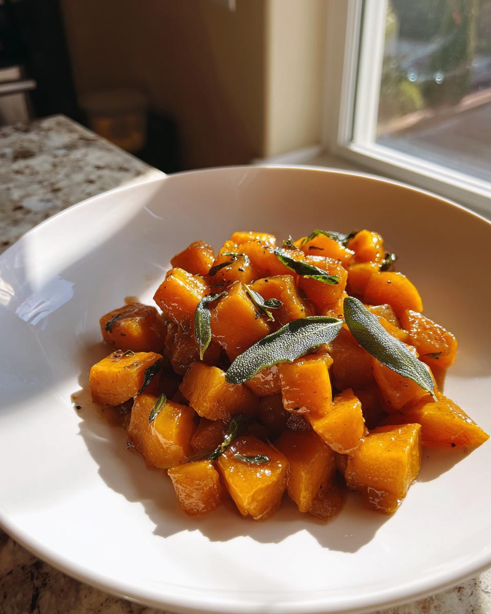 Close-up of caramelized butternut squash cubes tossed with brown butter and fresh sage leaves, part of Brown Butter Sage Butternut Squash Pasta.