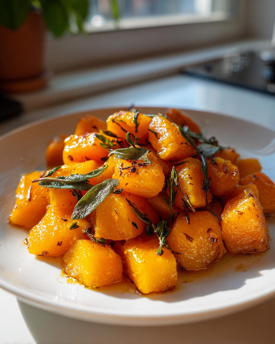 Close-up of roasted butternut squash cubes coated in brown butter sauce and topped with fresh sage leaves for Brown Butter Sage Butternut Squash Pasta.