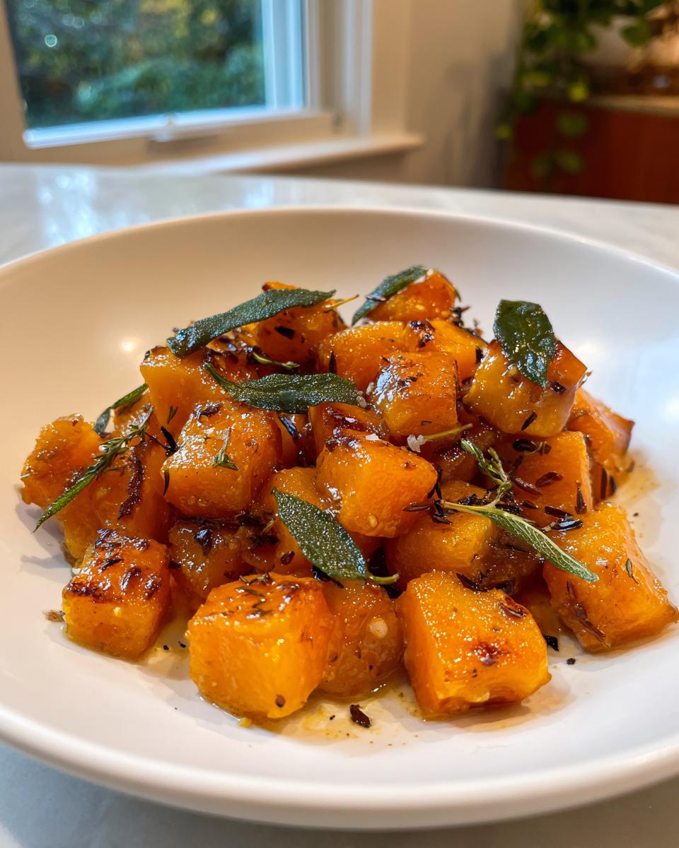 Close-up of caramelized butternut squash cubes tossed in brown butter sauce and garnished with fresh sage and thyme for Brown Butter Sage Butternut Squash Pasta.